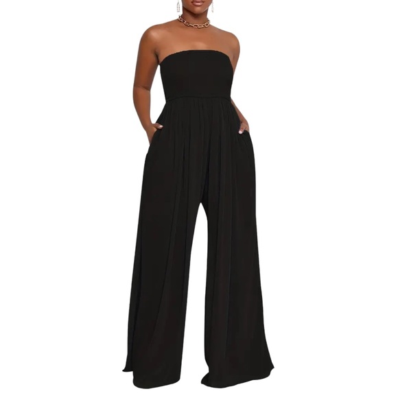 A Classy Chic Boutique Pants - NEW Wide-Leg Chiffon Jumpsuit Black Shirred Backless Tube Top Light Classy S/M